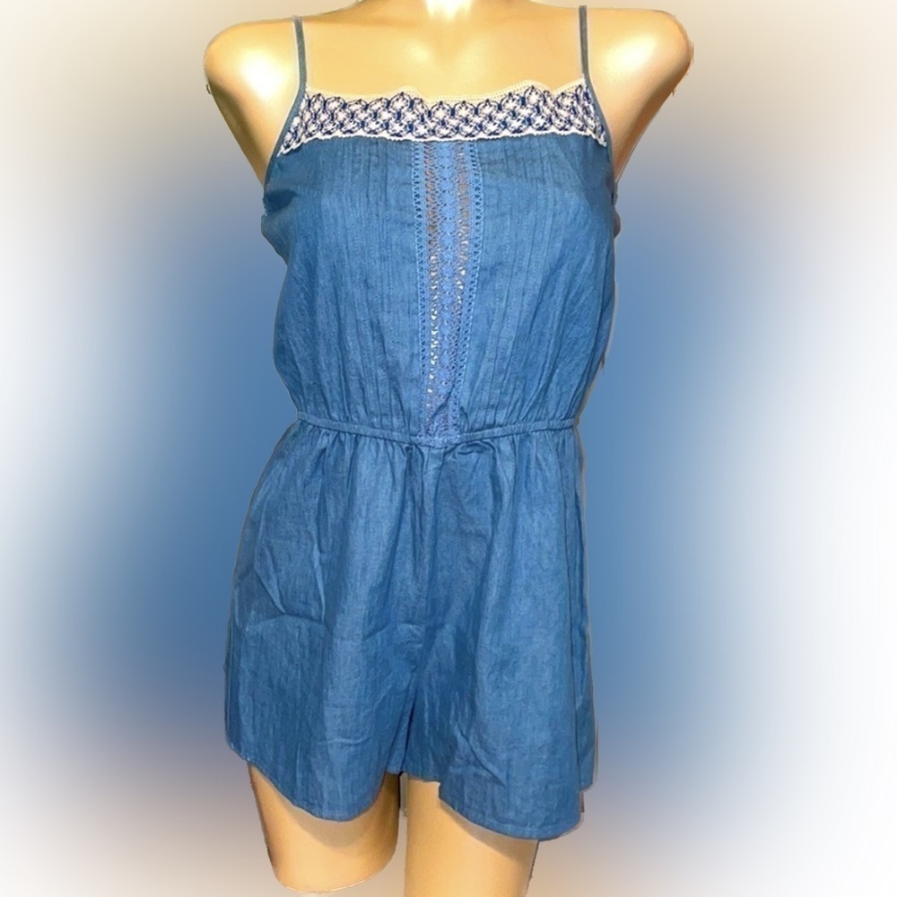 Flying Tomato Womens romper Medium jumper embroider Jean denim shorts blue tank